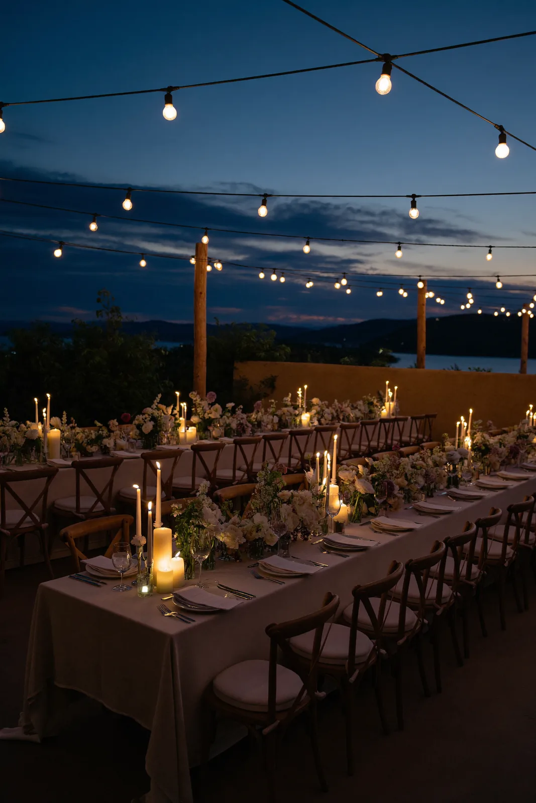 Outdoor reception glowing at dusk