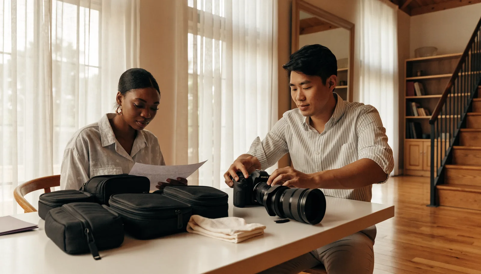 A photographer and coordinator preparing camera equipment and an event timeline